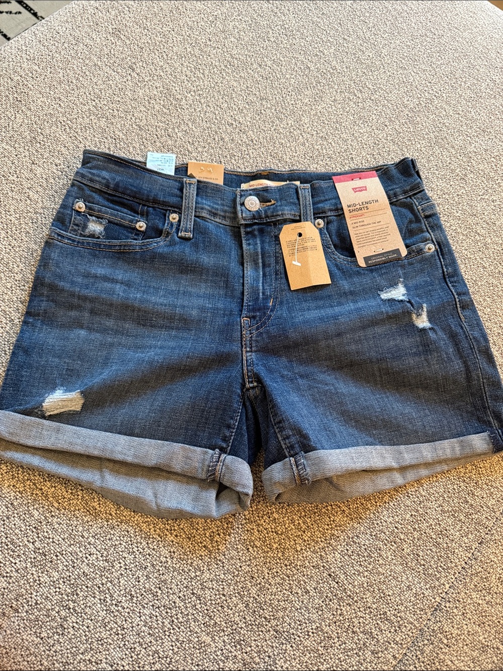 Levi's Dark Blue Distressed Rolled-Hem Jean Shorts